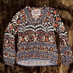 Joy Joy Boho Floral Border Print Blouse - Multi-Color Long Sleeve - Women's XS